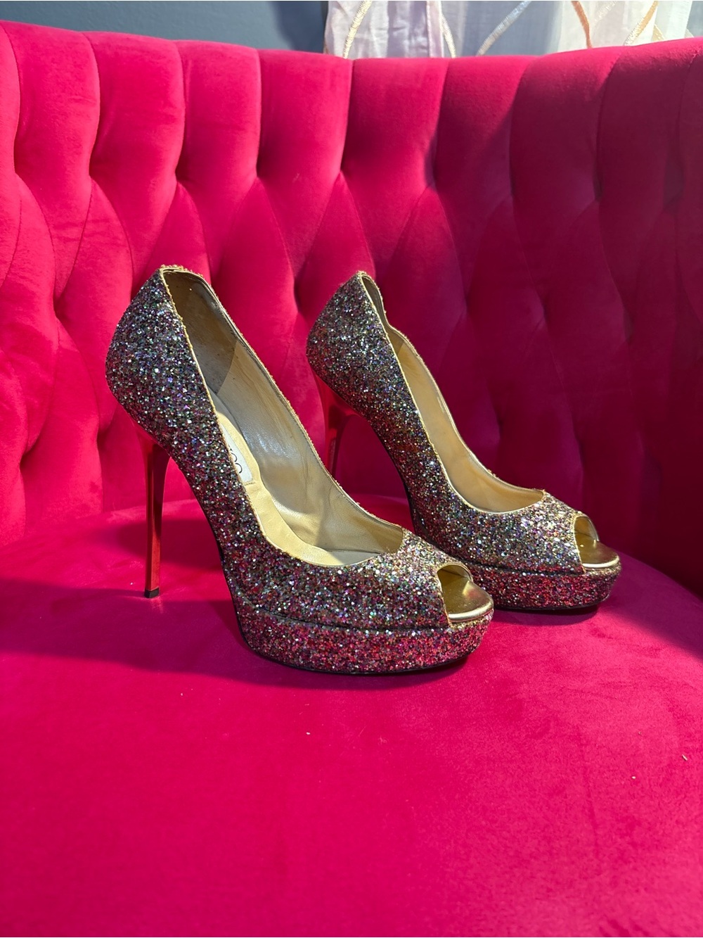 Jimmy Choo Multicolor Glitter Peep-Toe Stiletto Platforms